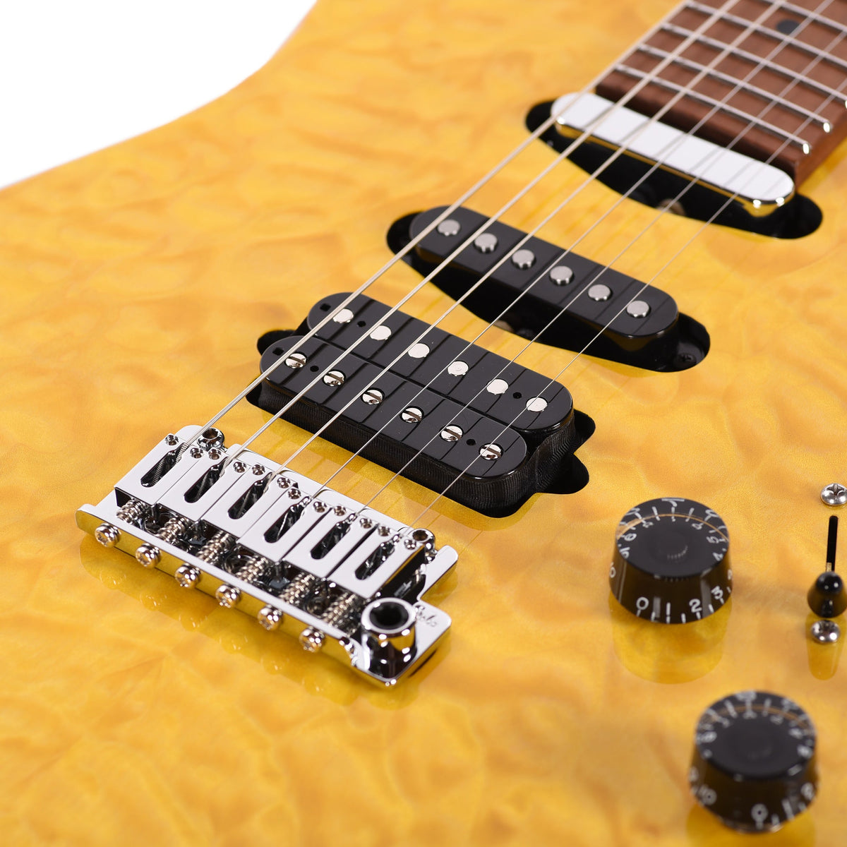 Suhr Custom Modern Trans Lemon Yellow w/ CME-Selected Quilt Maple Top - View 10 | MusicMarket