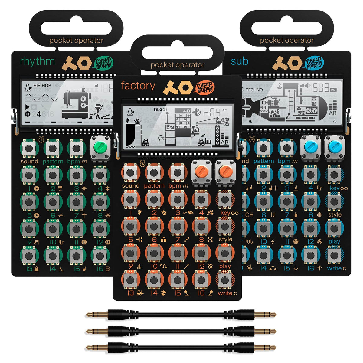 Teenage Engineering Pocket Operator PO-12 Rhythm, PO-14 Sub, PO-16 Factory and Sync Cables Essentials Bundle -