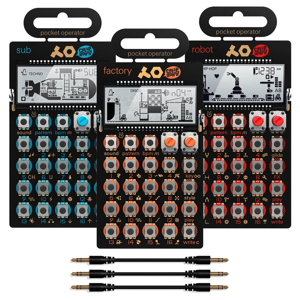 Teenage Engineering Pocket Operator PO-14 Sub, PO-16 Factory, PO-28 Robot and Sync Cables Essentials Bundle -