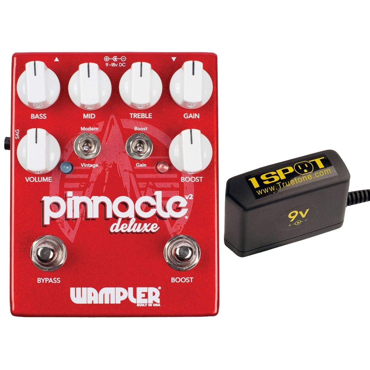 Wampler Pinnacle Deluxe Distortion w/Gain Boost Switch v2 Bundle w/ Truetone 1 Spot Space Saving 9v Adapter -
